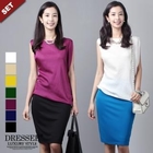 DRESSEE - Set: Asymmetric-Sleeve Chiffon Top + Pencil Skirt