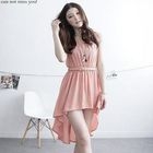 D.P-Shop - Asymmetric-Hem Sleeveless Chiffon Dress With Belt
