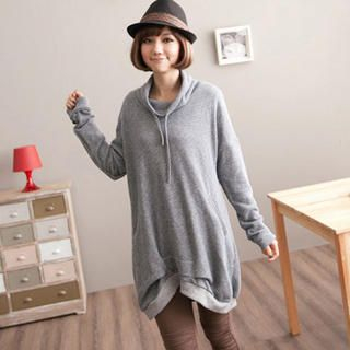 Drawstring Cowl-Neck Long Pullover