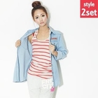Beccgirl - Set: Envelope Pocket Denim Shirt + Stripe Tank Top