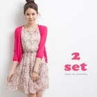 yeomong - Set: 3/4-Sleeve Cardigan + Patterned Chiffon A-line Dress
