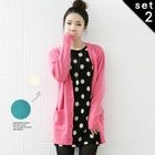 lovemark - Set: V-Neck Knit Cardigan + Polka-Dot Knit Dress