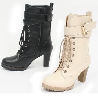 Faux-Leather Buckled Mid-Calf Boots