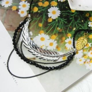 Leaf with Black Beaded Long Necklaces Leaf with Black Beaded Long Necklaces