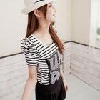 CatWorld - Puff-Sleeve Rhinestone Striped Top