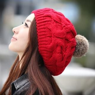 Pompom Accent Cable Knit Beanie Pompom Accent Cable Knit Beanie