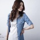 D.P-Shop - Plaid-Panel 3/4-Sleeve Denim Blouse