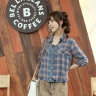 CLICK - Drawstring-Waist Tab-Sleeve Plaid Shirt