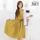 Soneed - Set: Dolman-Sleeve Cardigan + Sleeveless A-Line Dress with Cord