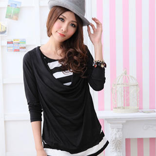 Inset Striped Tee Cowl-Neck Top Inset Striped Tee Cowl-Neck Top