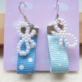 Hand made Light blue spot cottons with ribbons earrings