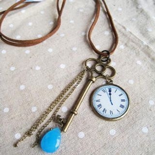 Vintage Key & Clock Leather Long Necklace(White)