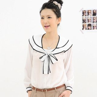 Tie-Neck Piped Chiffon Blouse