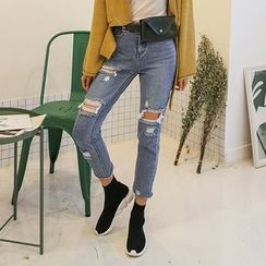 DABAGIRL - Distressed Washed Tapered Jeans DABAGIRL - Distressed Washed Tapered Jeans