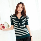 Tokyo Fashion - Tie-Neck Shirred Striped Knit Top