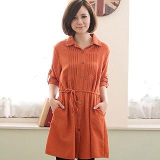 Dotted Tie-Waist Pintuck Shirtdress Dotted Tie-Waist Pintuck Shirtdress