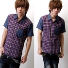 SeventyAge - Short Sleeve Denim Panel Plaid Shirt
