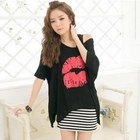 Clair Fashion - Unbalanced-Hem 'Lip' Print T-Shirt