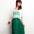 Ando Store - Set: Patterned Panel Dress + Scalloped-Trim Cardigan