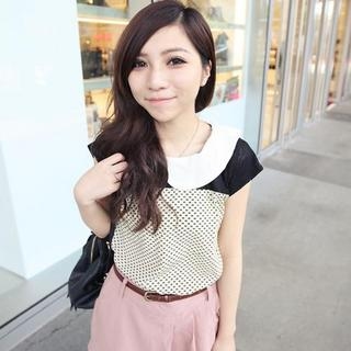 Peter Pan-Collar Lace-Panel Dotted Top