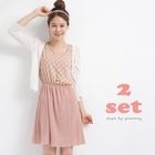 yeomong - Set: 3/4-Sleeve Cardigan + Polka Dot Pleated Dress