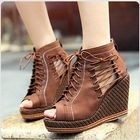 Grace Candy - Cut Out Lace-Up Wedge Boots