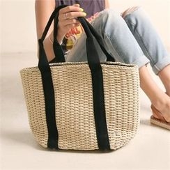 Wifky - Contrast-Trim Rattan Tote Wifky - Contrast-Trim Rattan Tote