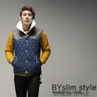 SLIM&FIT - Faux-Leather Panel Quilted Denim Vest