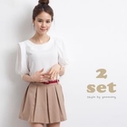 yeomong - Set: 3/4-Sleeve Chiffon Top + Pleated Skort