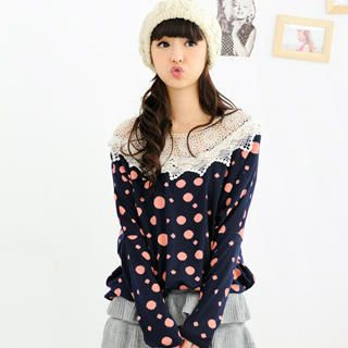 Crochet-Collar Dotted Knit Top