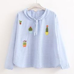 ninna nanna - 領結帶仙人掌刺繡條紋襯衫 ninna nanna - 領結帶仙人掌刺繡條紋襯衫