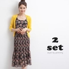 yeomong - Set: 3/4-Sleeve Cardigan + Floral-Print Chiffon Dress