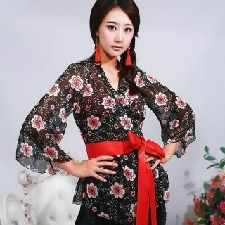 Flower-Print Kimono Sleeve Tie-Waist Blouse