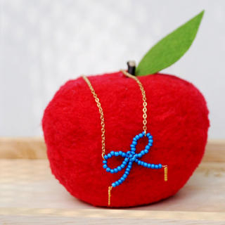 Gold Bead Ribbon Short Necklace(blue)
