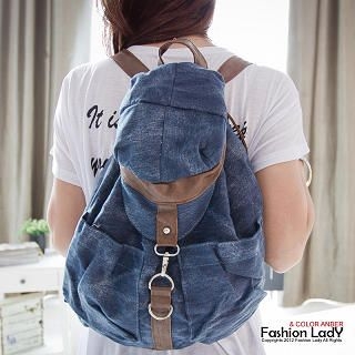 Faux Leather-Trim Denim Backpack Faux Leather-Trim Denim Backpack