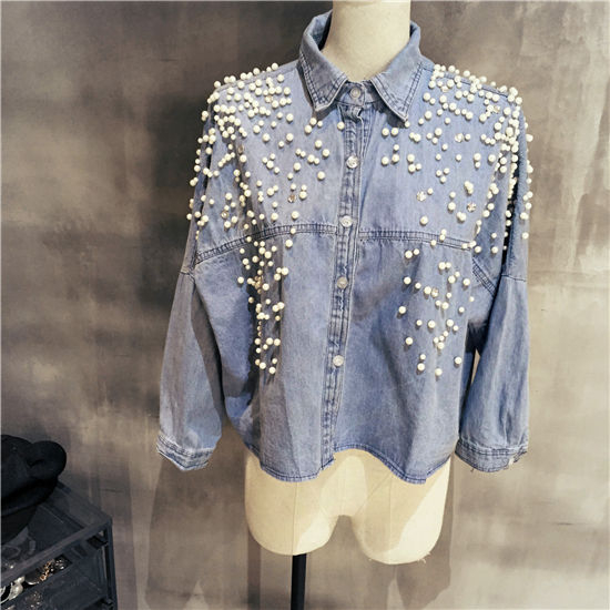 MayFair Faux Pearl Denim Shirt | YESSTYLE