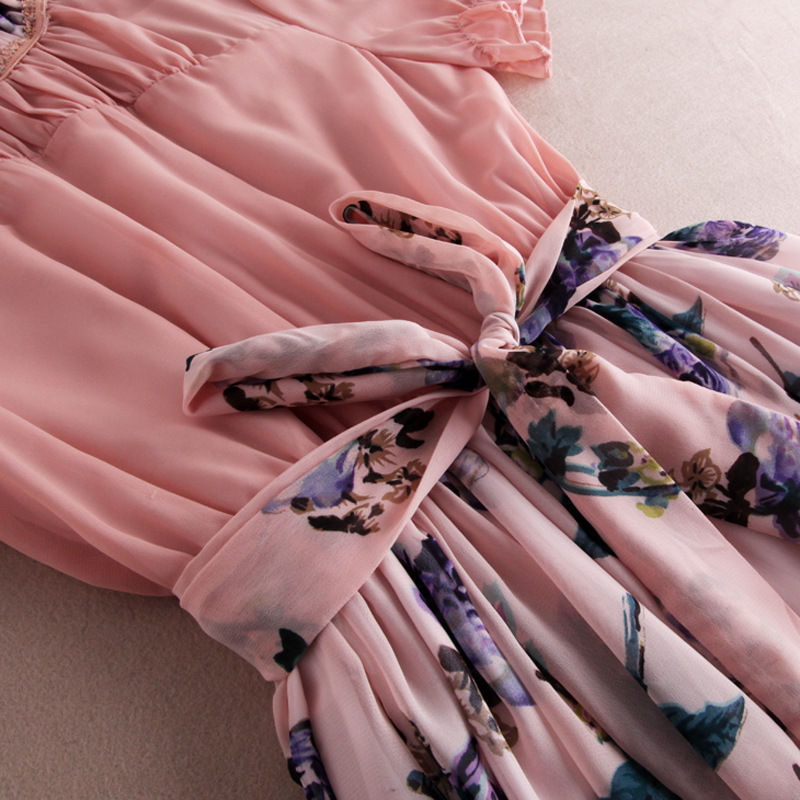 Dowisi Floral Print Short-Sleeve Chiffon Dress | YESSTYLE